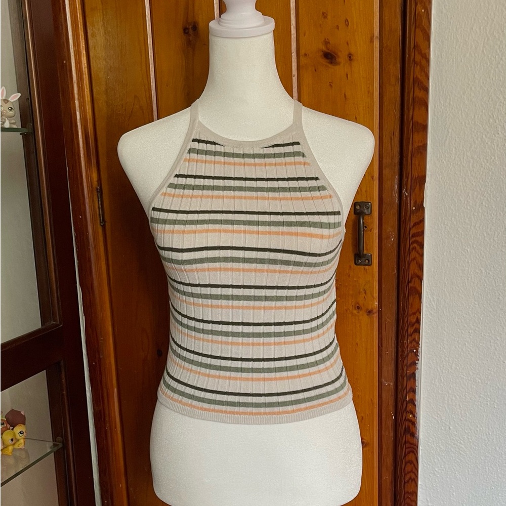 H&M Striped Ribbed Halter Tank Top in Cream, Olive, and Peach Size S